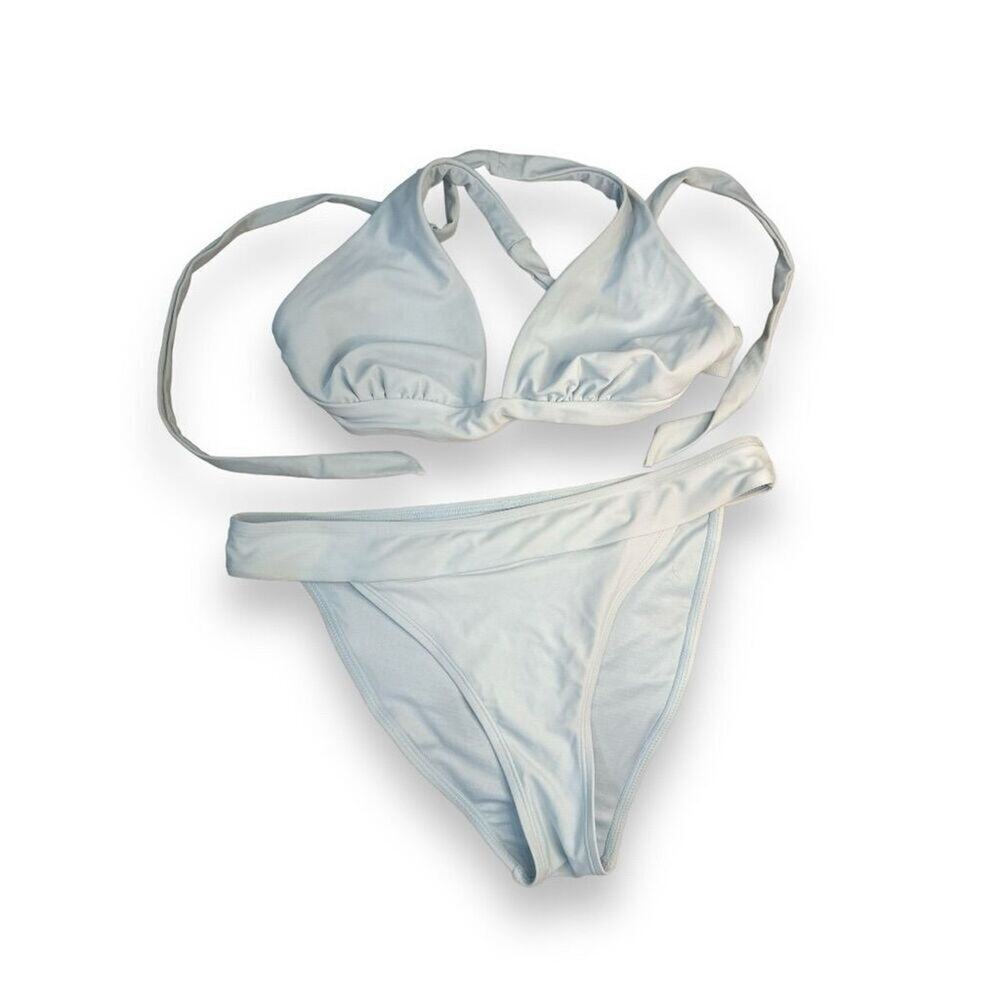Cupshe Women's High-Cut Bikini Light Blue Halter Criss Cross Back Tie Size Large - Picture 5 of 8